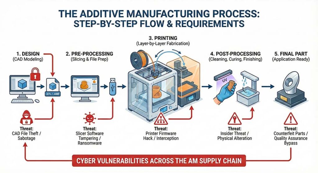 The AM process presents multiple cyber vulnerabilities across the AM supply chain. [Generated by Gemini]