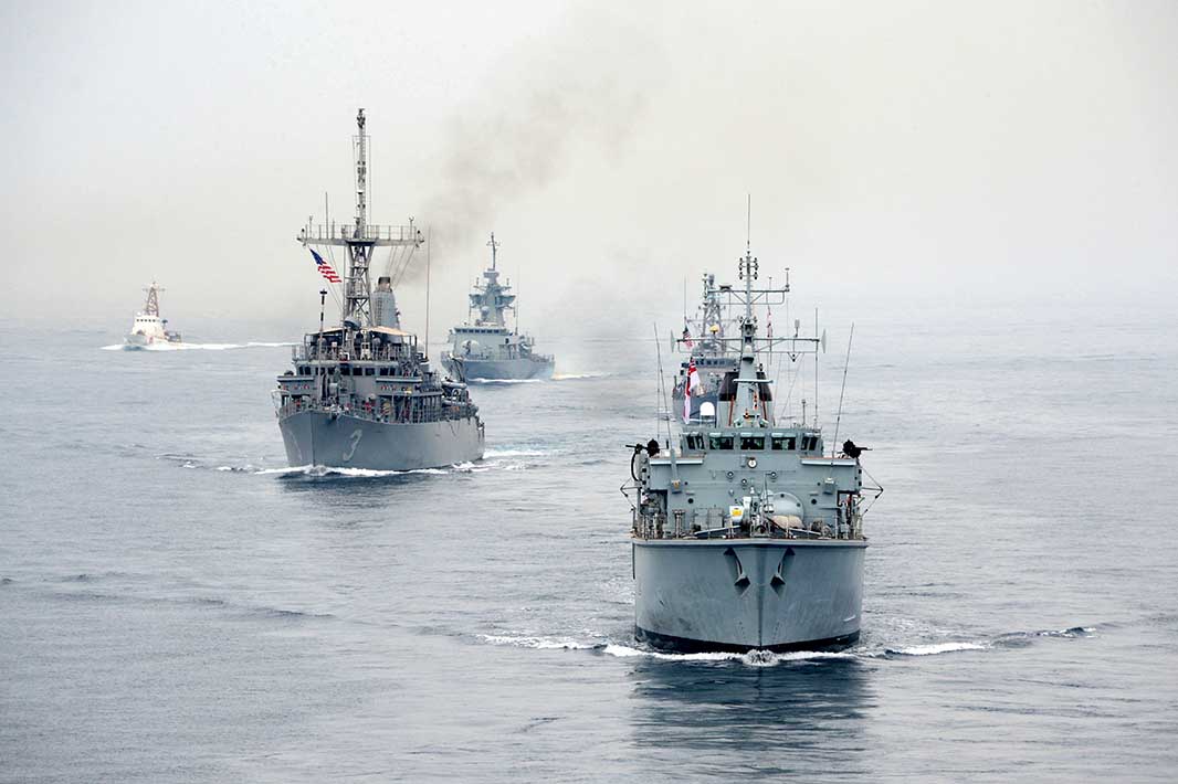 Many Western navies are amid transition from crewed to uncrewed concepts for naval mine warfare (NMW). Pictured are RN and USN ships leading a multinational NMW exercise in 2016. (Image: US Navy)
