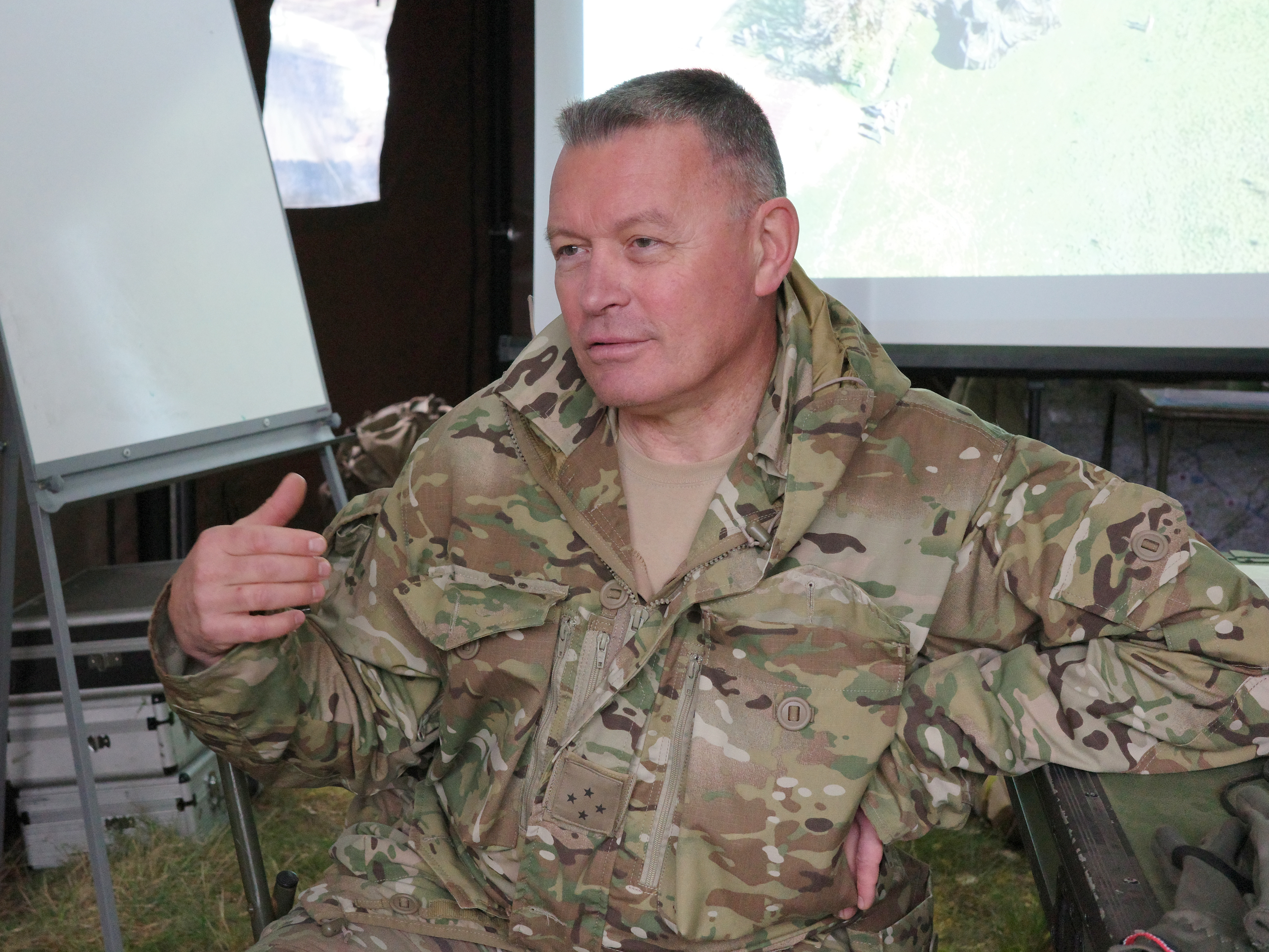French Army Gen. Benoît Desmeulles speaks to reporters during the Orion 26 military exercise near Poitiers, France, in April 2026. (Rudy Ruitenberg/staff)