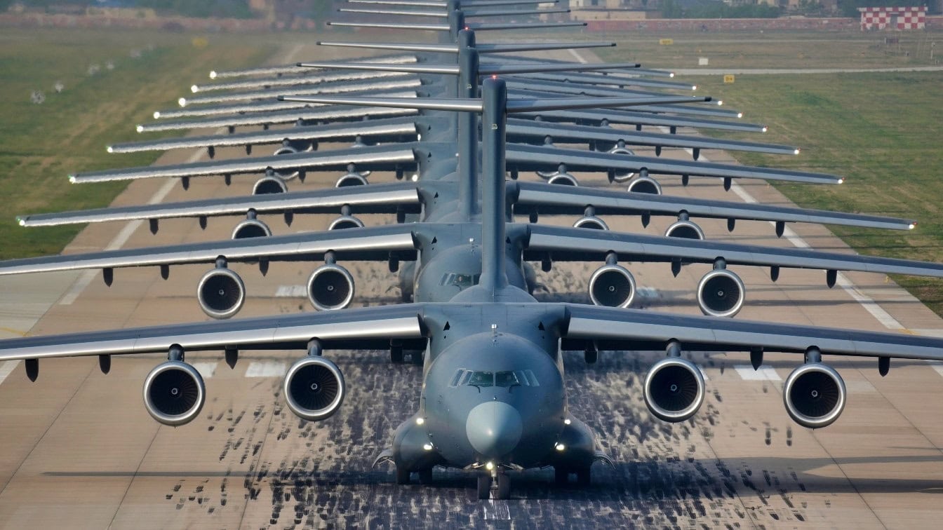 PLA Air Force Y-20 transport aircraft elephant walk at airfield