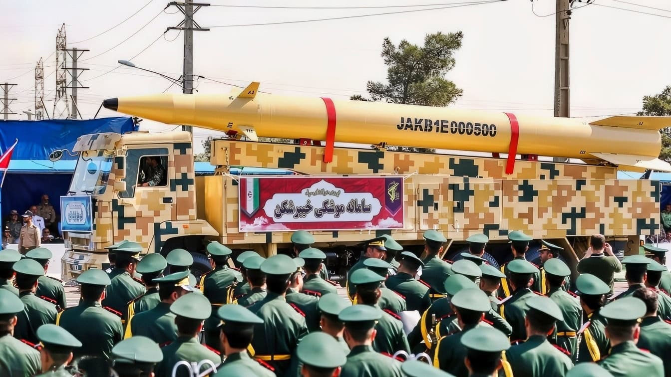 Iranian Kheibar Shekan ballistic missile launcher on parade during Iran war 2026