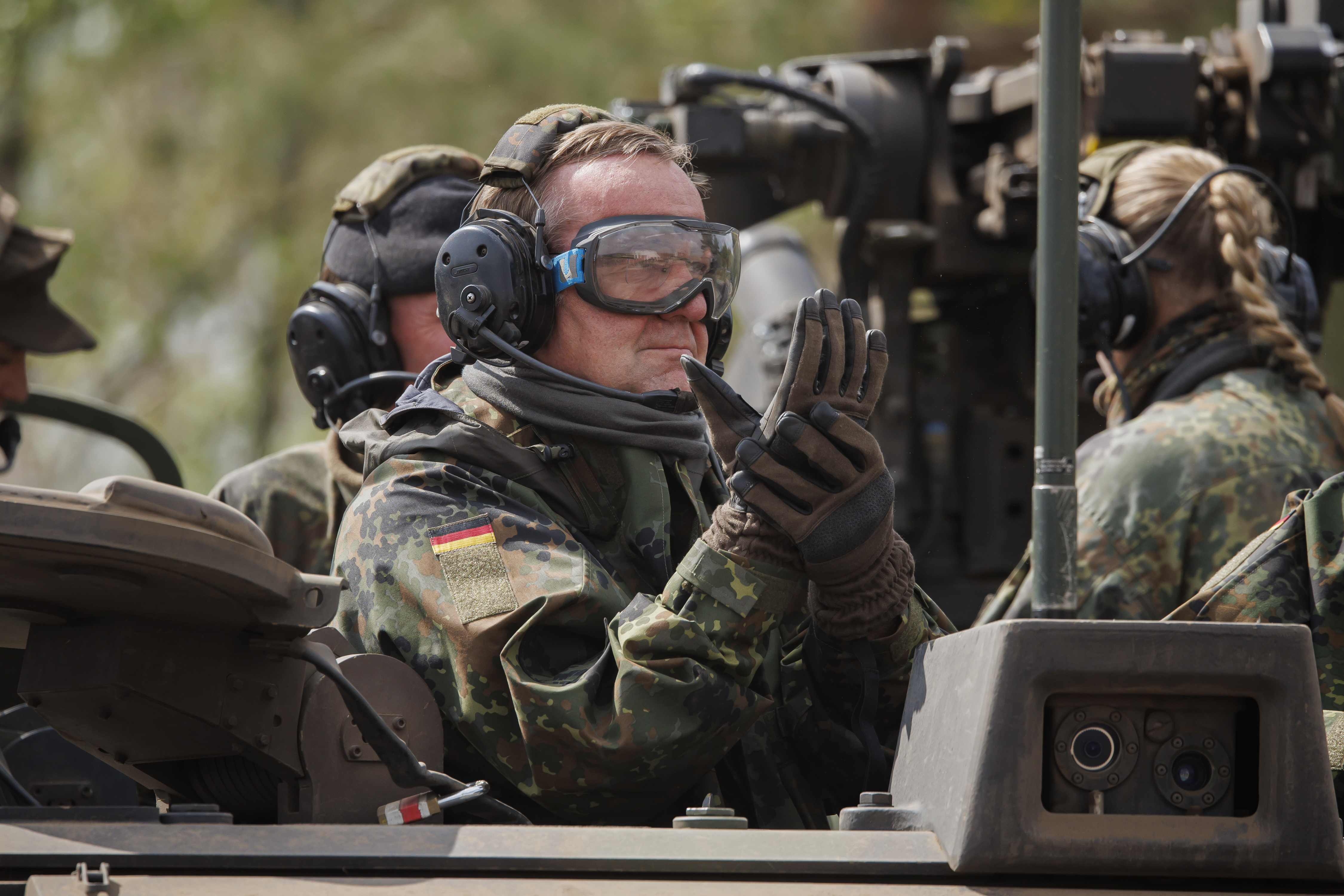 German Defense Minister Boris Pistorius sits on a GTK Boxer vehicle during a demonstration of capabilities by the German army on May 4, 2026, near Munster, Germany. (Morris MacMatzen/Getty Images)