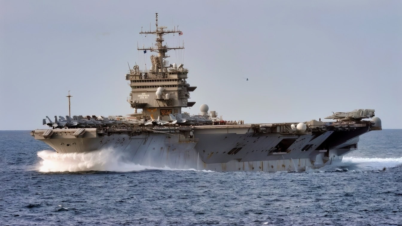 ATLANTIC OCEAN (Feb 04, 2012) Aircraft carrier USS Enterprise (CVN 65). Enterprise is underway participating in exercise Bold Alligator 2012. Bold Alligator 2012, the largest naval amphibious exercise in the past 10 years, represents the Navy and Marine Corps' revitalization of the full range of amphibious operations. The exercise focuses on today's fight with today's forces, while showcasing the advantages of seabasing. This exercise will take place 30 Jan - 12 Feb, 2012 afloat and ashore in and around Virginia and North Carolina. (US Navy photo by Mass Communication Specialist 3rd Class Nick C. Scott)