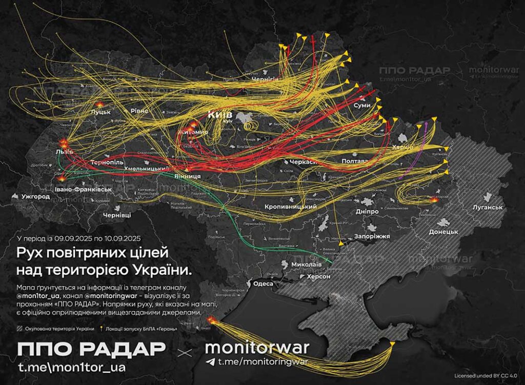 Although written in Ukrainian, this map clearly shows the flight path of the Russian UAVs  which entered Polish airspace on the night of 9th/10th September. The Russian government denied that Poland was deliberately targeted. Several of the UAVs were downed by local NATO forces. [Source: Ukraine War Monitor]