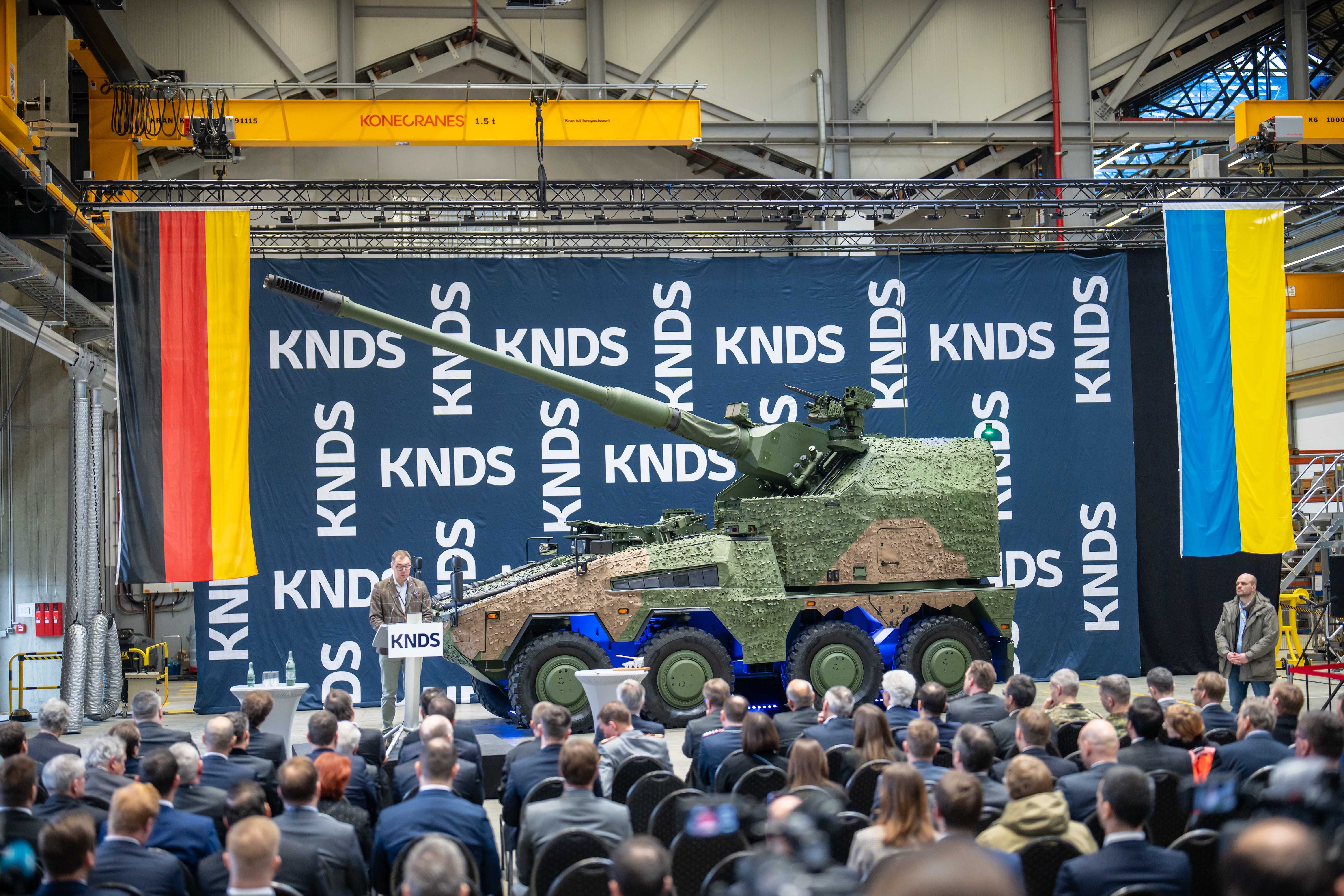 Oleksii Makeiev, Ukraine's ambassador to Germany, speaks at a handover ceremony for the first RCH-155 wheeled howitzer given to Ukraine at the KNDS Germany production plant in Kassel on Jan. 13, 2025. (Michael Kappeler/picture alliance via Getty Images)